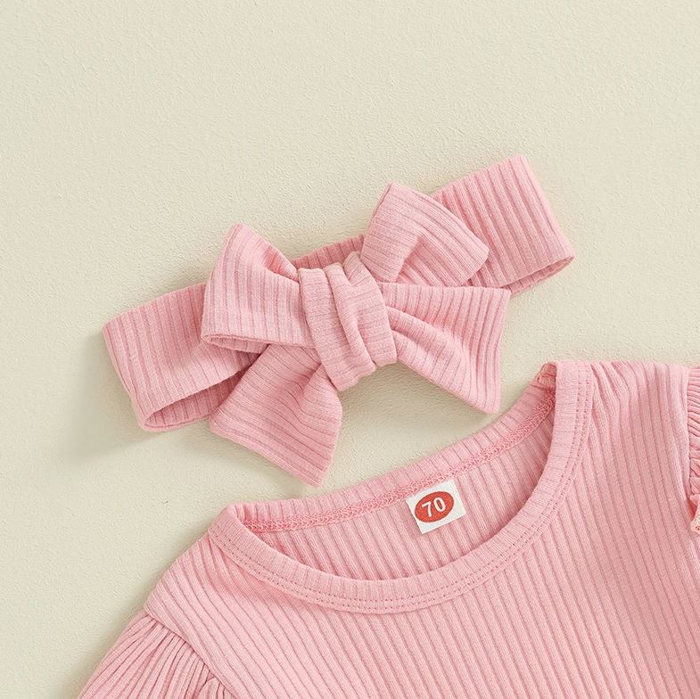 Solid Ribbed Ruffle Outfit & Bow