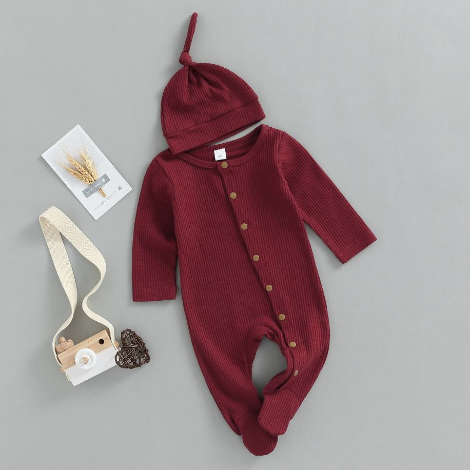 Button Baby Solid Footie Onesie with Hat