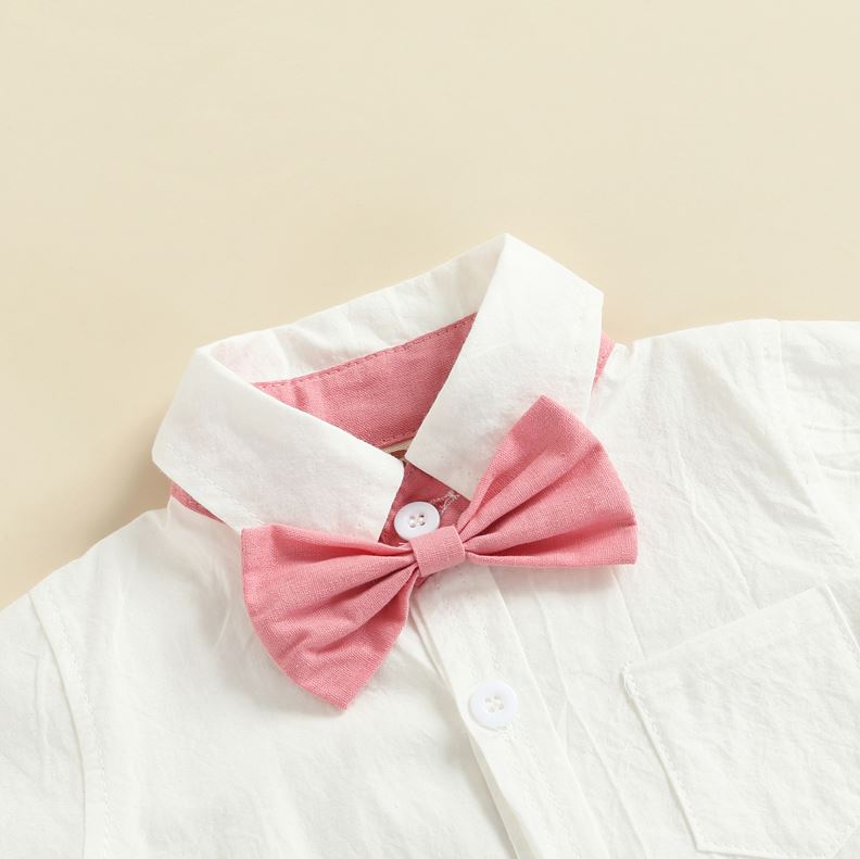 Gentleman Bow Tie Romper with Overalls Shorts