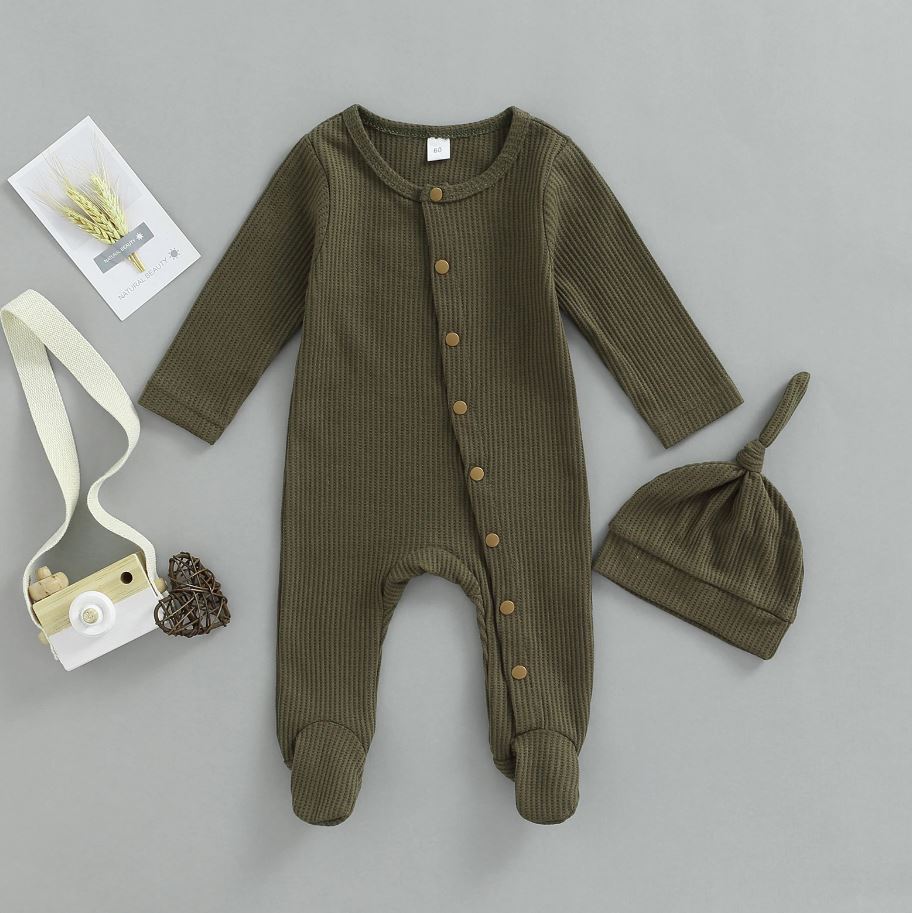 Button Baby Solid Footie Onesie with Hat