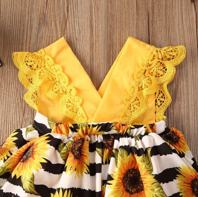 Striped Sunflower Romper Dress with Headband