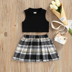 Ribbed Tank Top with Plaid Skirt