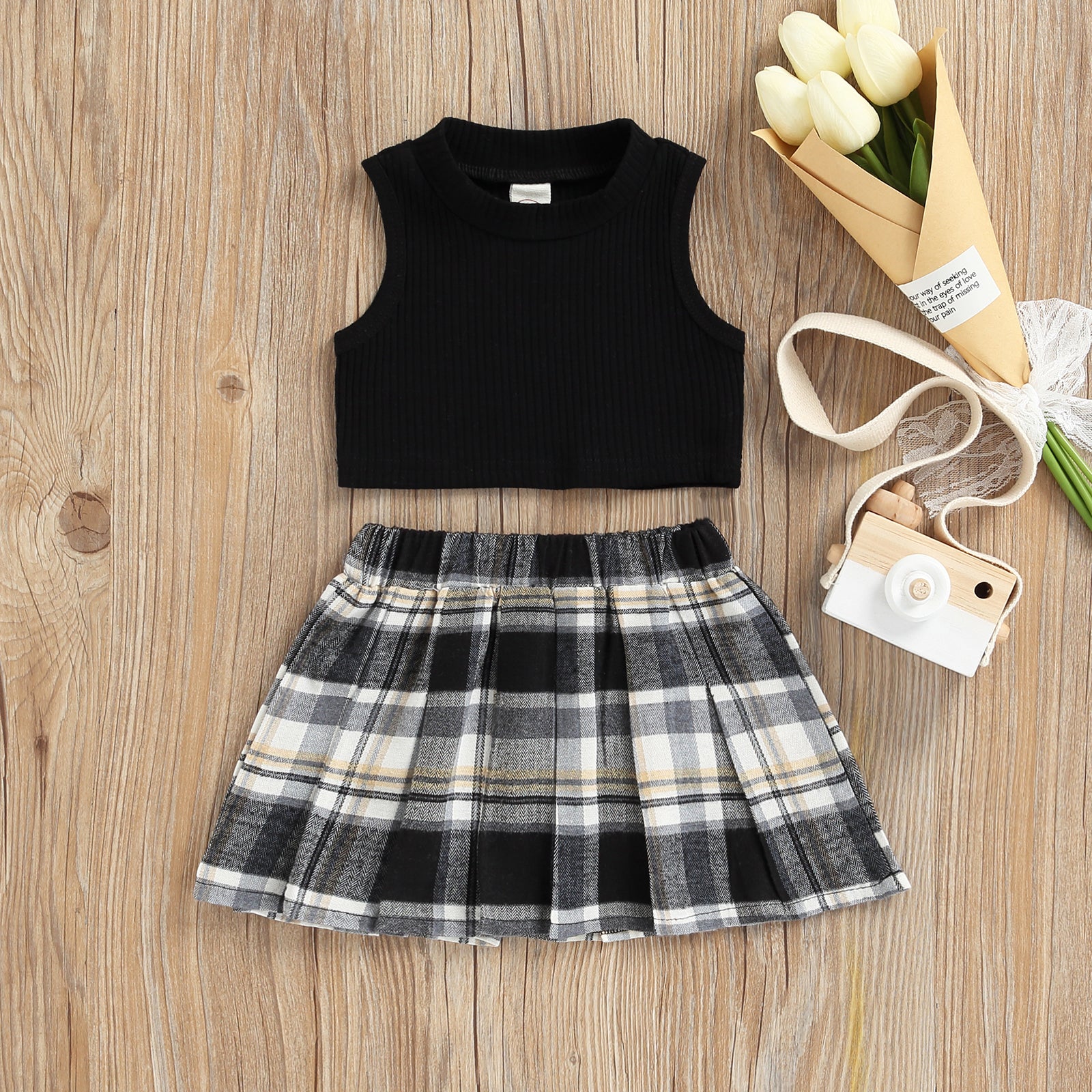 Ribbed Tank Top with Plaid Skirt