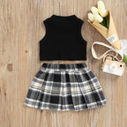 Ribbed Tank Top with Plaid Skirt