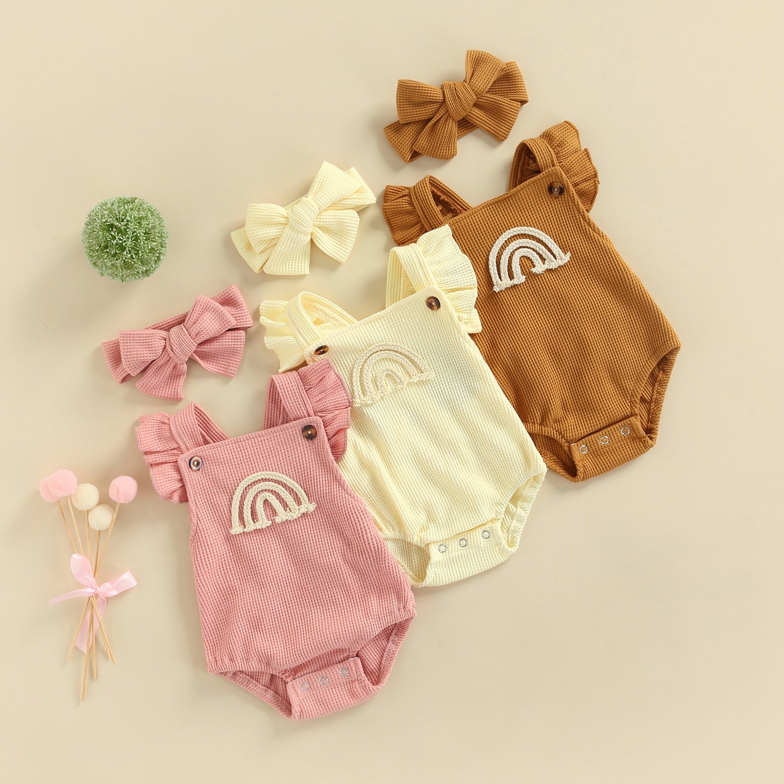 Vintage Ruffle Rainbow Romper with Matching Bow