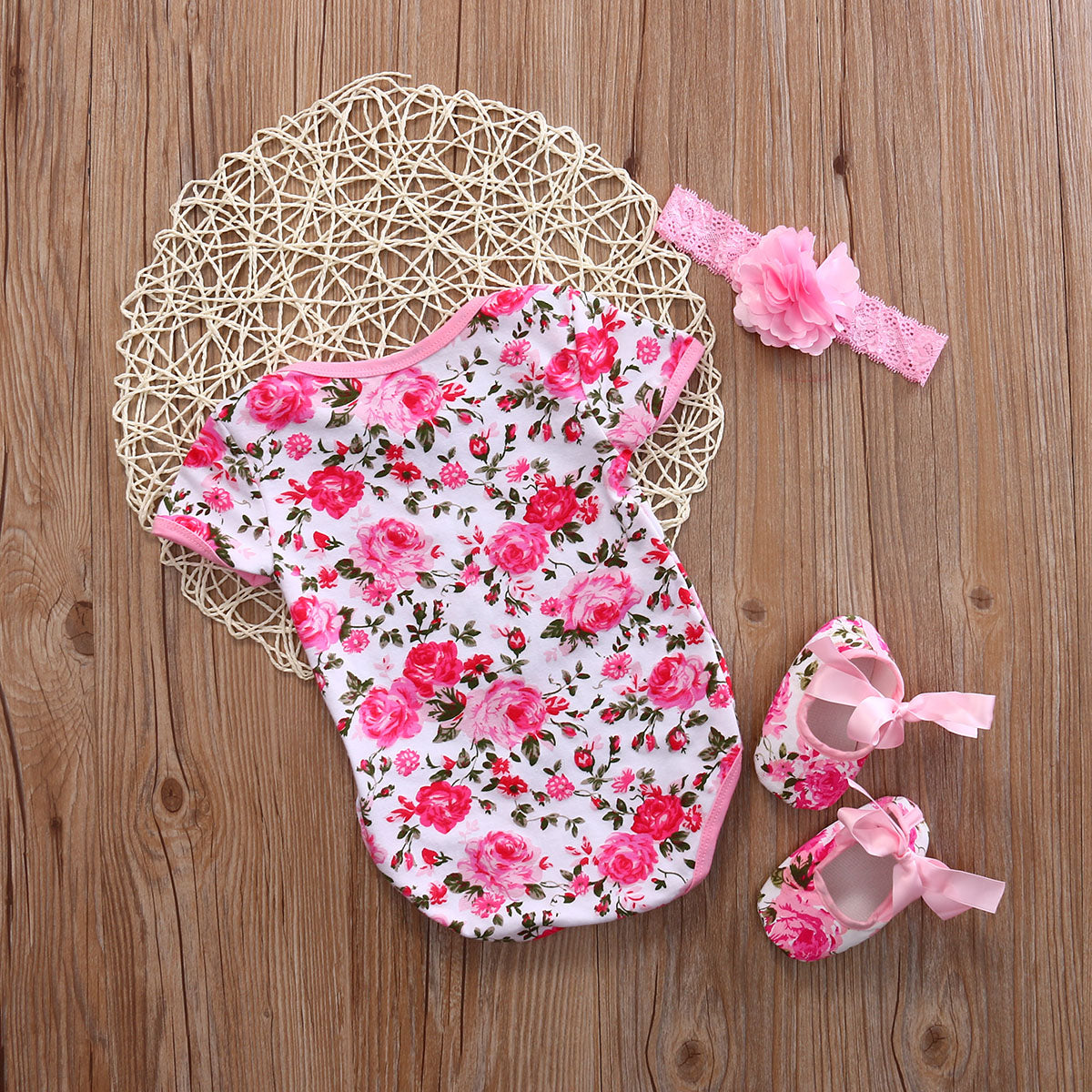 Floral Leopard Onesie with Shoes & Headband