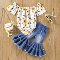 Floral Off Shoulder Onesie with Bell Bottom Jeans