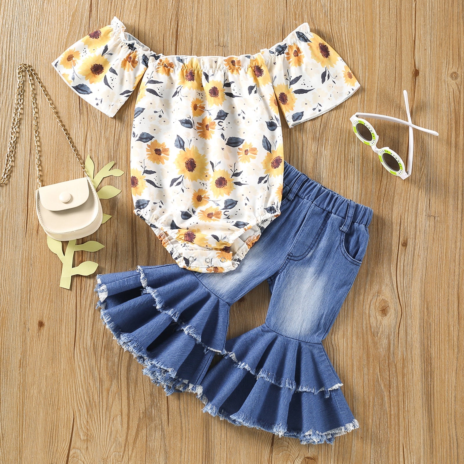 Floral Off Shoulder Onesie with Bell Bottom Jeans