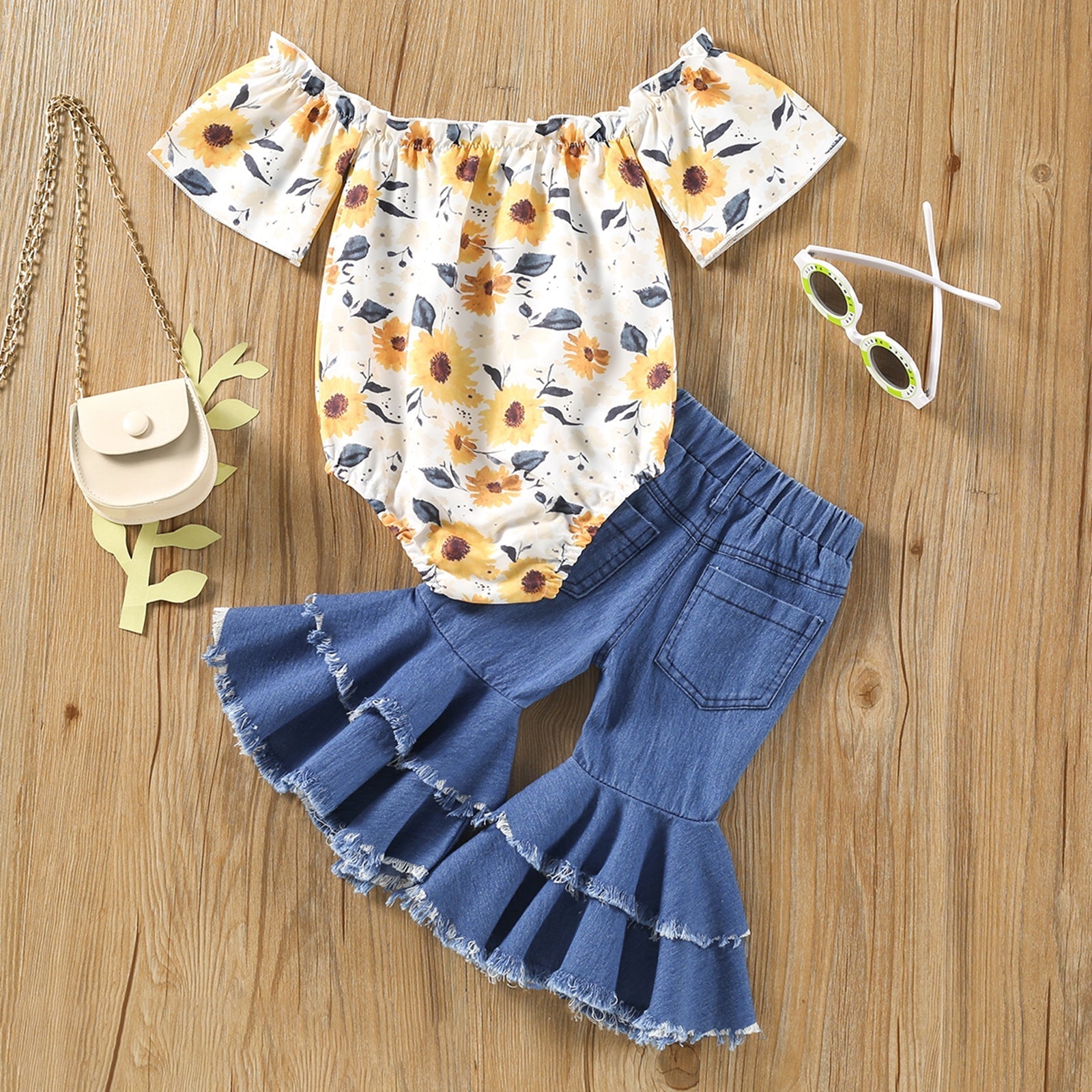 Floral Off Shoulder Onesie with Bell Bottom Jeans