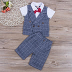 Gentleman Plaid Bow Tie Shirt Waistcoat Shorts Outfit (2 Colors)