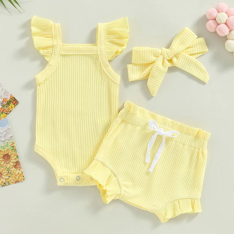 Ribbed Flutter Onesie with Shorts & Bow