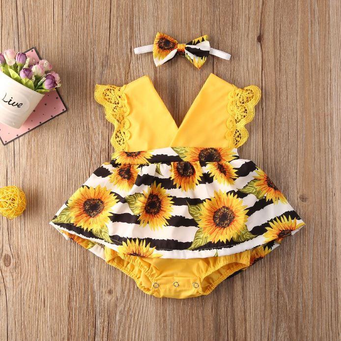 Striped Sunflower Romper Dress with Headband